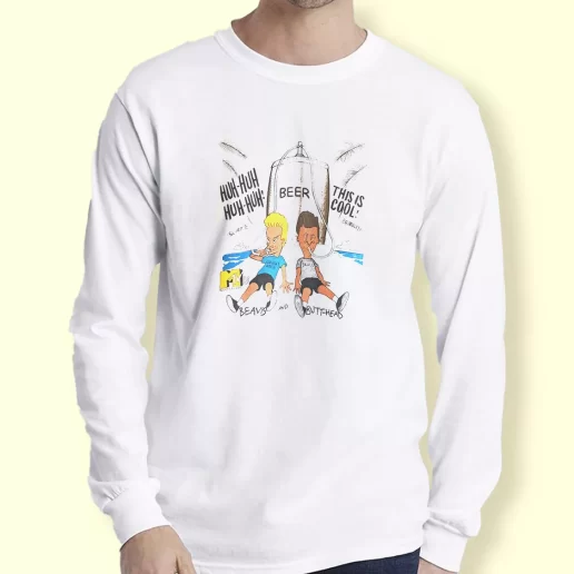 Graphic Long Sleeve T Shirt Beavis and Butt Head Drinking Beer