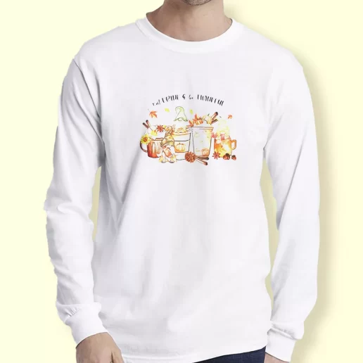 Graphic Long Sleeve T Shirt Eat Drink and be Thankful Gnomes