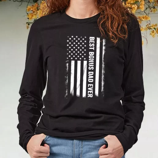 Black Long Sleeve T Shirt Best Bonus Dad Ever American Flag DIY Father Day Gift 1