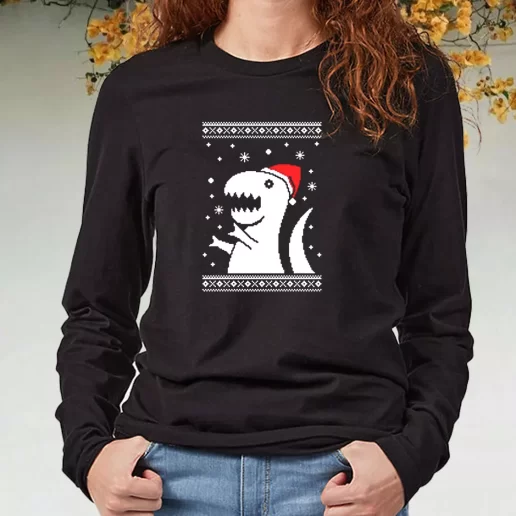 Black Long Sleeve T Shirt Big Trex Santa Xmas Present 1