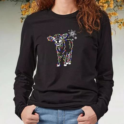 Black Long Sleeve T Shirt Christmas Cow Light Xmas Present 1