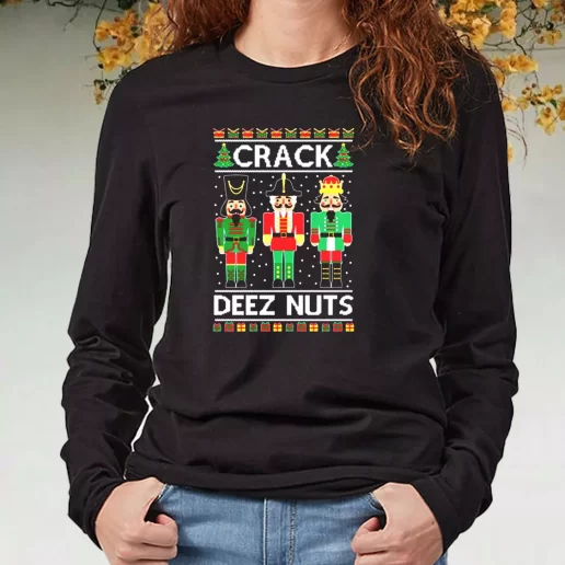 Black Long Sleeve T Shirt Crack Deez Nuts Xmas Present 1