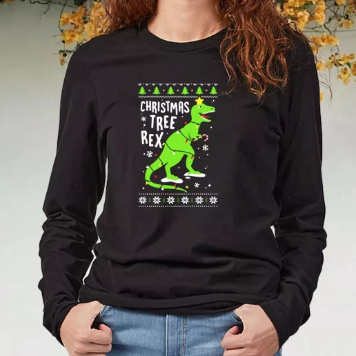 Black Long Sleeve T Shirt Funny Christmas Tree Rex T Rex Xmas Present 1