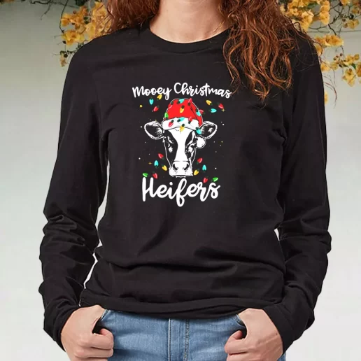 Black Long Sleeve T Shirt Mooey Christmas Heifers Santa Xmas Lights Cow Xmas Present 1