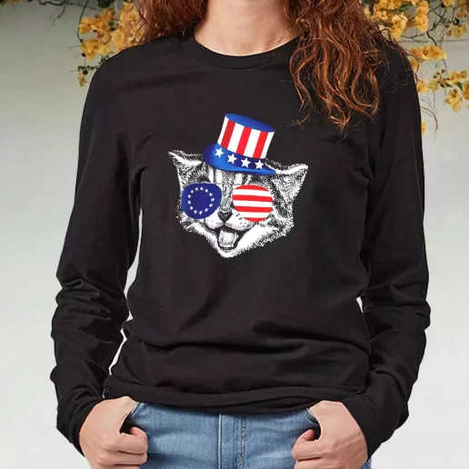 Black Long Sleeve T Shirt Patriotic Funny Cat Betsy Ross American Flag Navy Veterans Day Gifts 1