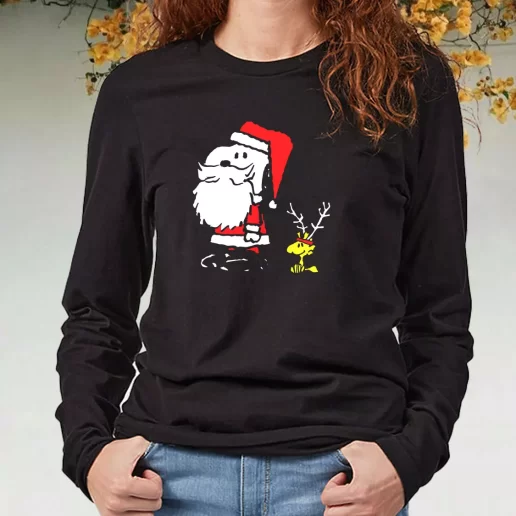 Black Long Sleeve T Shirt Peanuts Snoopy and Woodstock Santa Antlers Xmas Present 1