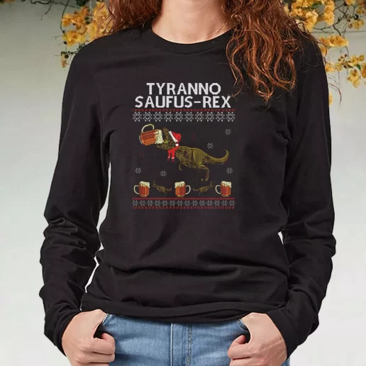 Black Long Sleeve T Shirt Tyranno Saufus Rex Drink Beer Xmas Present 1