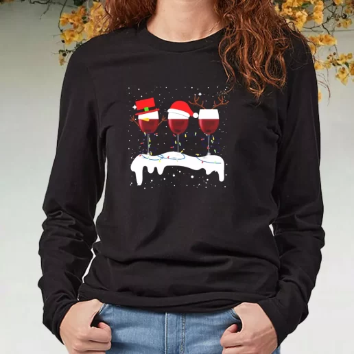 Black Long Sleeve T Shirt X Mas Santa Wine Glass Xmas Present 1