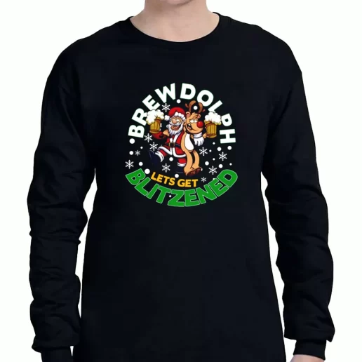 Graphic Long Sleeve T Shirt Brewdolph Lets Get Blitzened Christmas Xmas Clothing Sale 1