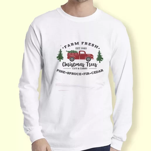 Graphic Long Sleeve T Shirt Farm Fresh Christmas Trees Truck Xmas Top 1