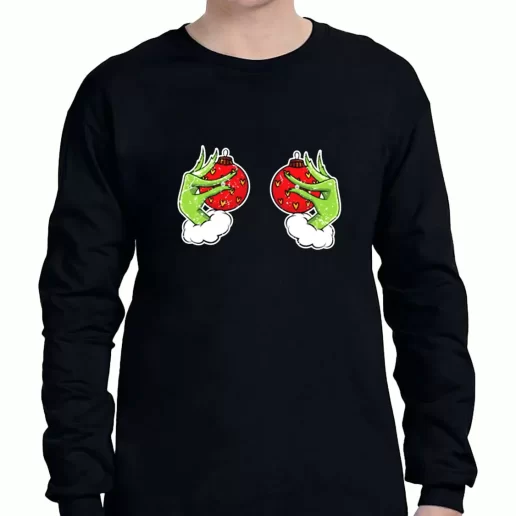 Graphic Long Sleeve T Shirt Funny Grinchs Hand Is On The Breast Xmas Clothing Sale 1