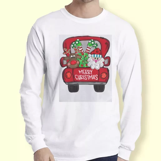 Graphic Long Sleeve T Shirt Merry Christmas Red Trees Truck Xmas Top 1