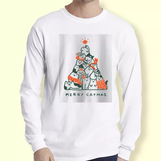 Graphic Long Sleeve T Shirt Merry Meowy Catmas Xmas Top 1