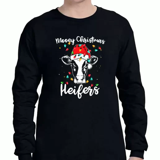 Graphic Long Sleeve T Shirt Mooey Christmas Heifers Santa Xmas Lights Cow Xmas Clothing Sale 1