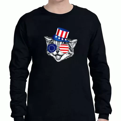 Graphic Long Sleeve T Shirt Patriotic Funny Cat Betsy Ross American Flag American Veterans Day 1