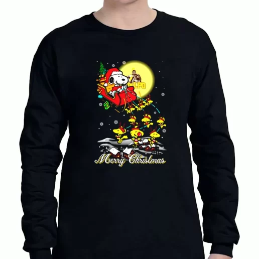 Graphic Long Sleeve T Shirt Santa Claus With Sleigh And Snoopy Xmas Clothing Sale 1