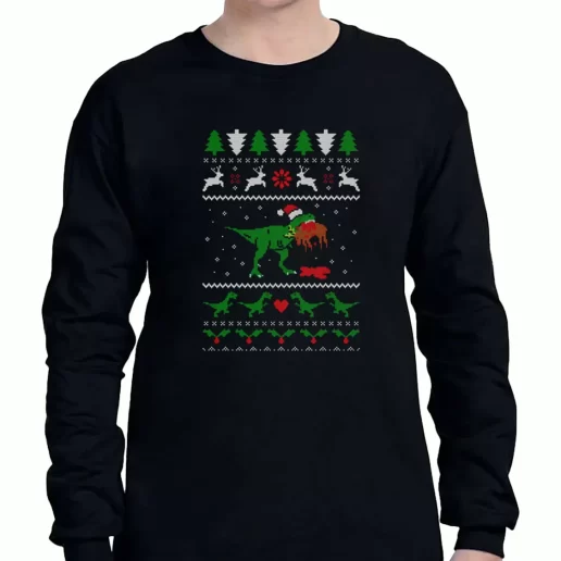 Graphic Long Sleeve T Shirt T Rex Eating Reindeer Ugly Christmas Xmas Clothing Sale 1