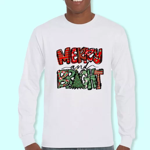 Long Sleeve T Shirt Design Merry Bright Christmas Trees Christmas Day Gift 1