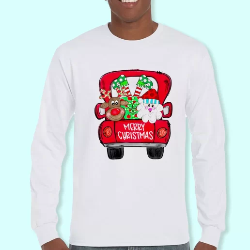 Long Sleeve T Shirt Design Merry Christmas Red Trees Truck Christmas Day Gift 1