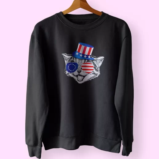 Patriotic Funny Cat Betsy Ross American Flag Holiday Sweatshirt 1