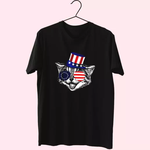 Patriotic Funny Cat Betsy Ross American Flag Vetrerans Day T Shirt 1