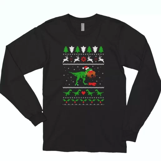 T Rex Eating Reindeer Ugly Christmas Long Sleeve T Shirt Xmas Gift 1