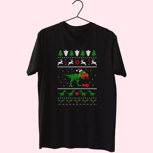 T Rex Eating Reindeer Ugly Christmas T Shirt Xmas Design 1