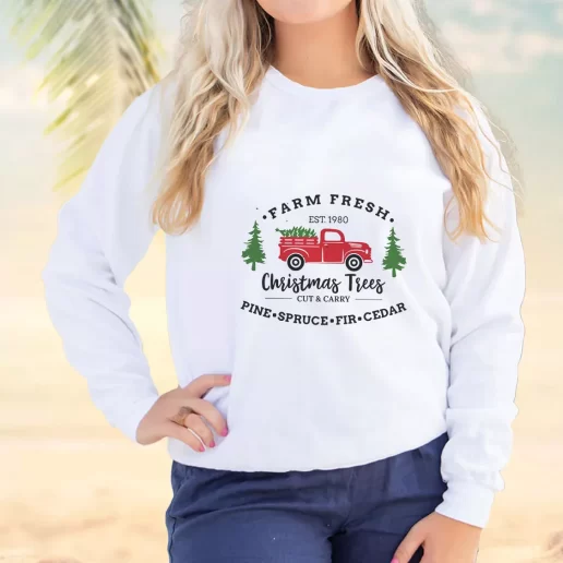 Vintage Sweatshirt Farm Fresh Christmas Trees Truck Plus Size Christmas Sweater 1