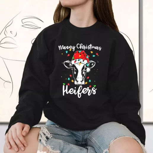 Vintage Sweatshirt Mooey Christmas Heifers Santa Xmas Lights Cow Holiday Xmas Outfits 1