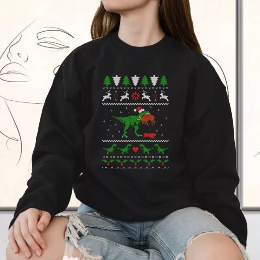 Vintage Sweatshirt T Rex Eating Reindeer Ugly Christmas Holiday Xmas Outfits 1