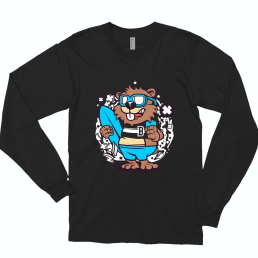 Beaver Surfing Funny Long Sleeve T shirt