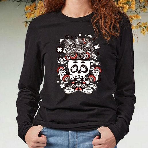 Black Long Sleeve T Shirt Barbell Skull Head