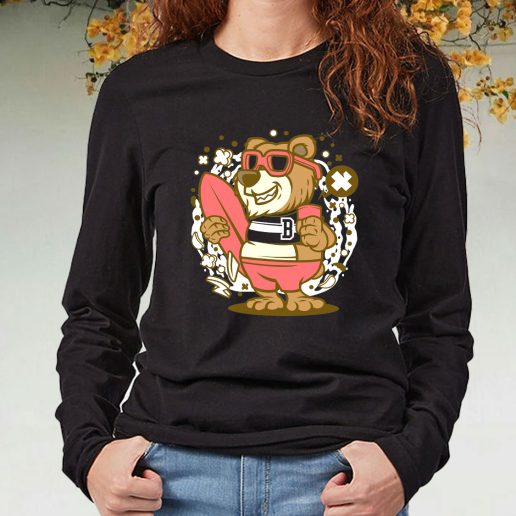 Black Long Sleeve T Shirt Bear Surfing