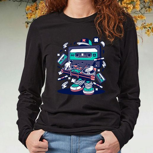 Black Long Sleeve T Shirt Cassette Disk Jockey