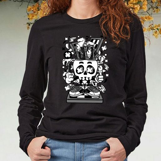 Black Long Sleeve T Shirt Chess Skull Head