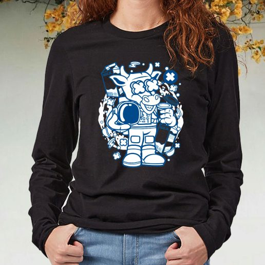 Black Long Sleeve T Shirt Cow Astronaut