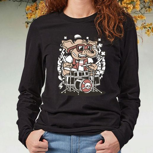 Black Long Sleeve T Shirt Elephant Drummer