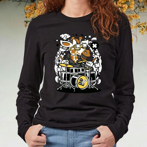 Black Long Sleeve T Shirt Girrafe Drummer