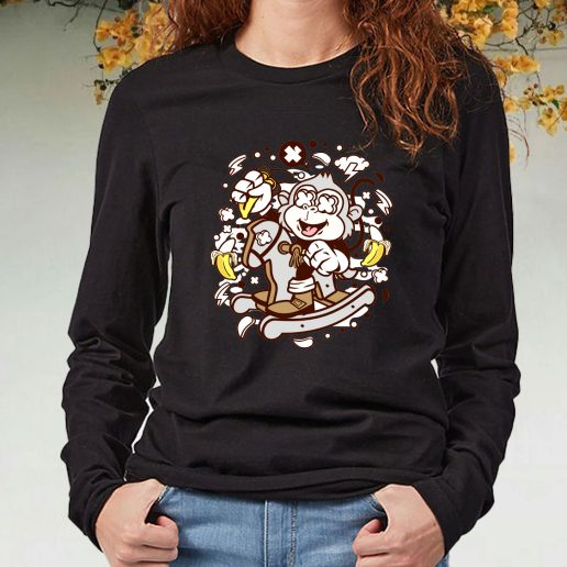 Black Long Sleeve T Shirt Monkey Rocking Horse