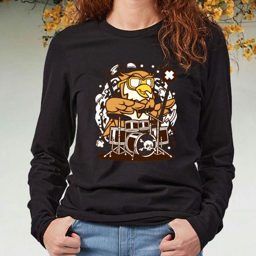 Black Long Sleeve T Shirt Owl Drummer