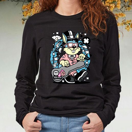 Black Long Sleeve T Shirt Rabbit Guitar