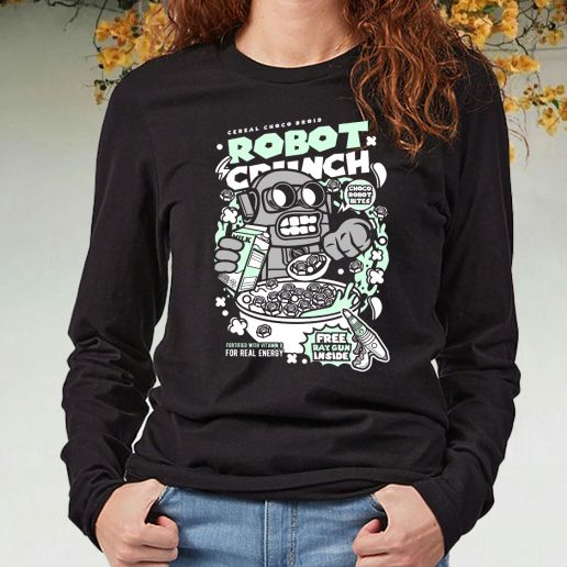 Black Long Sleeve T Shirt Robot Crunch