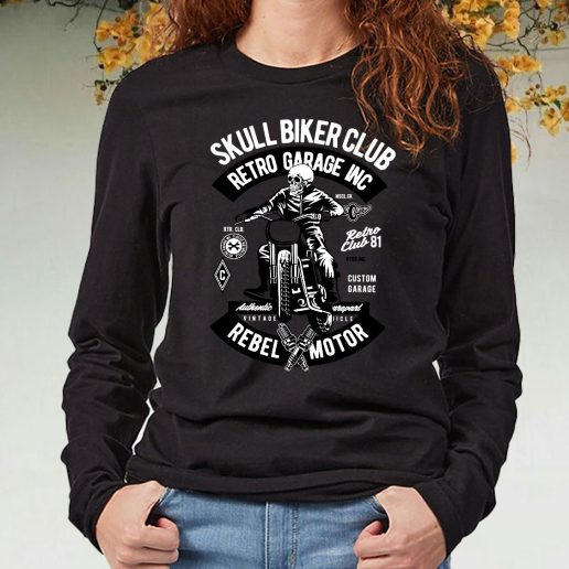 Black Long Sleeve T Shirt Skull Biker Club