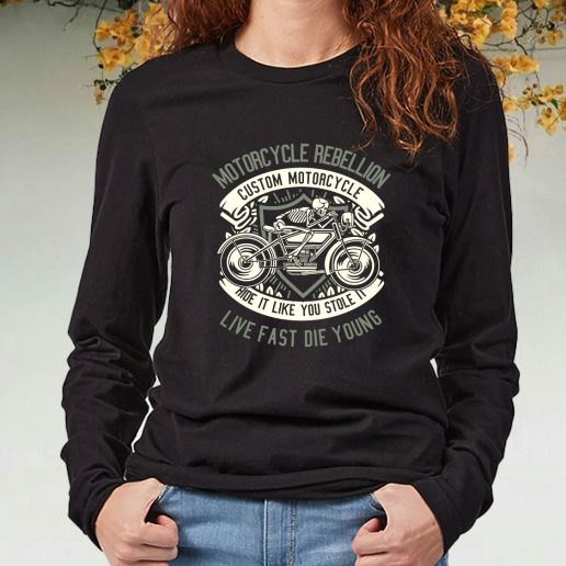 Black Long Sleeve T Shirt Skull Rebel Motorcycle