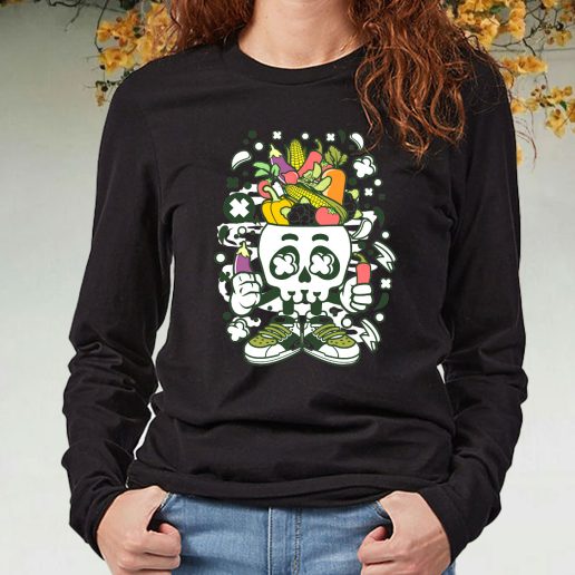 Black Long Sleeve T Shirt Vegetable Skull Head