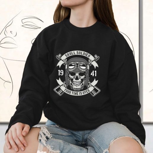 Vintage Sweatshirt Skull Soldier Time Is Over Fashion Trends