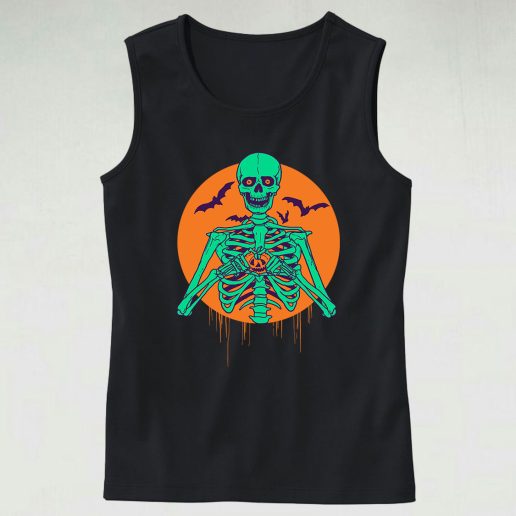 Skeleton I Love Halloween Pumpkin Heart Crop Top Shirt 70s Tank Top Style