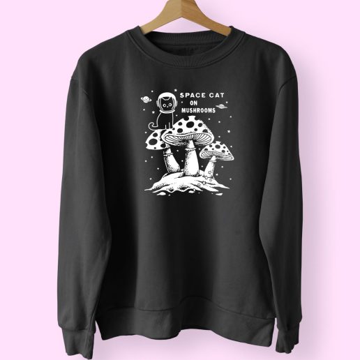 Space Cat On Mushrooms Trendy 80s Sweatshirt