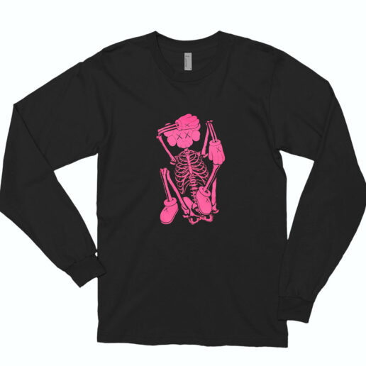 Rare Kaws Skeleton New Fiction Pink Long Sleeve Shirt Classic Style