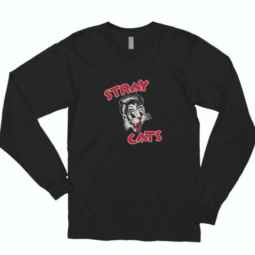 Stray Cats Cat Head Red Letters Long Sleeve Shirt Classic Style